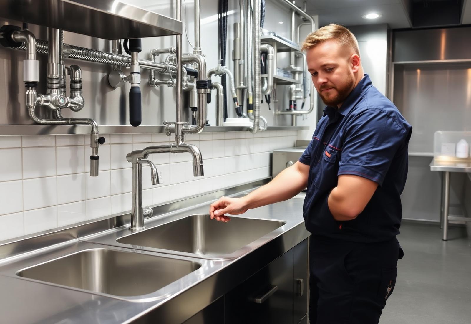 Sanitärtechniker arbeitet in einer gewerblichen Küche in Berlin