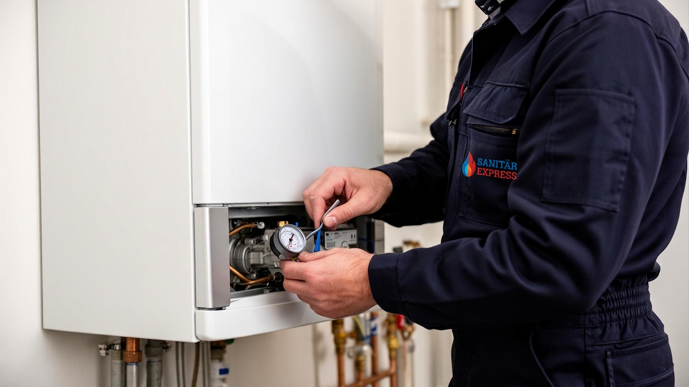 Techniker in dunkelblauer Arbeitskleidung misst mit einem Manometer an der geöffneten Unterseite einer weißen Gas-Wandtherme