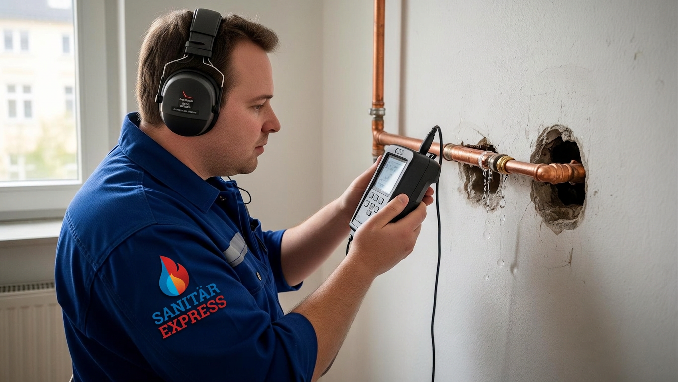 Leckortung mit elektronischem Messgerät an einer Wand mit freigelegtem Rohr
