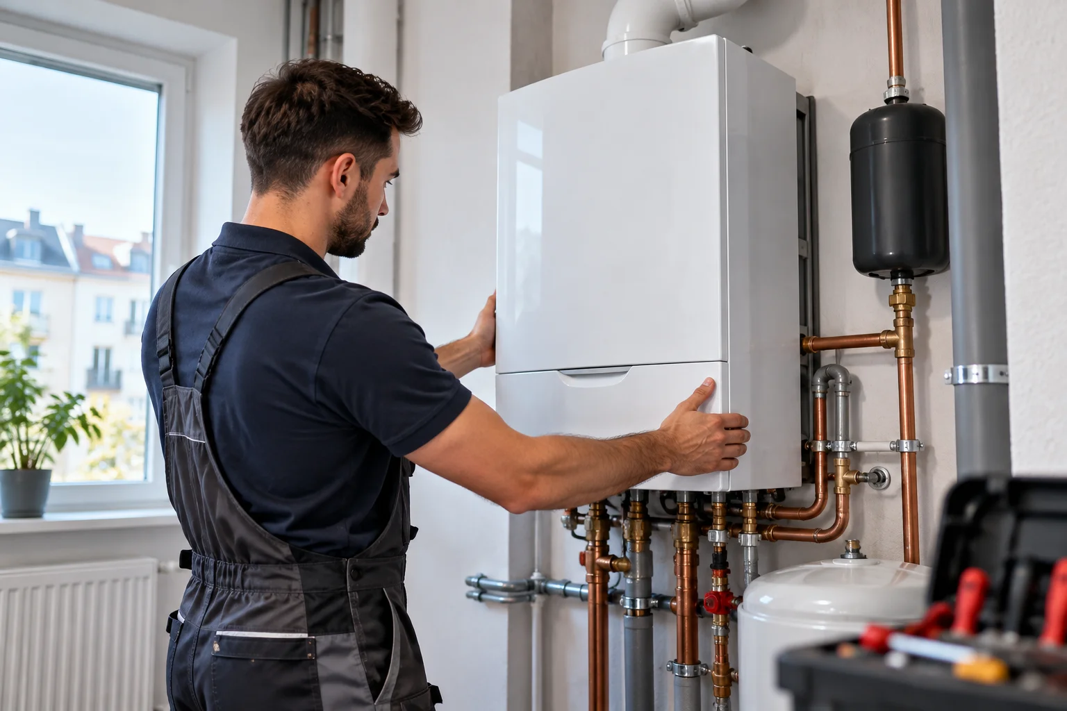 Techniker montiert ein neues weißes Wandheizgerät in einem hellen Technikraum, daneben Ausdehnungsgefäß und Kupferleitungen