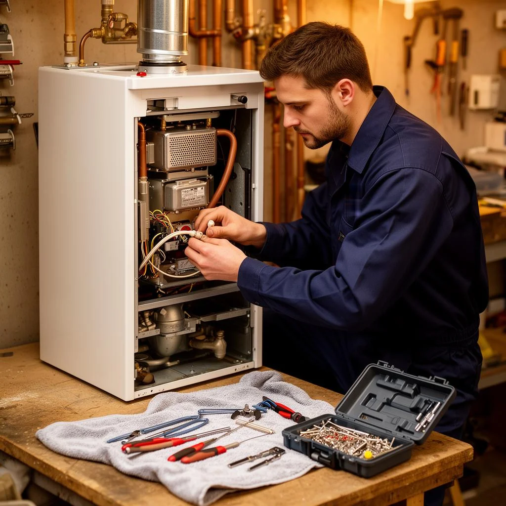 Techniker arbeitet an der geöffneten Front eines bodenstehenden Heizkessels und prüft Kabel und Bauteile
