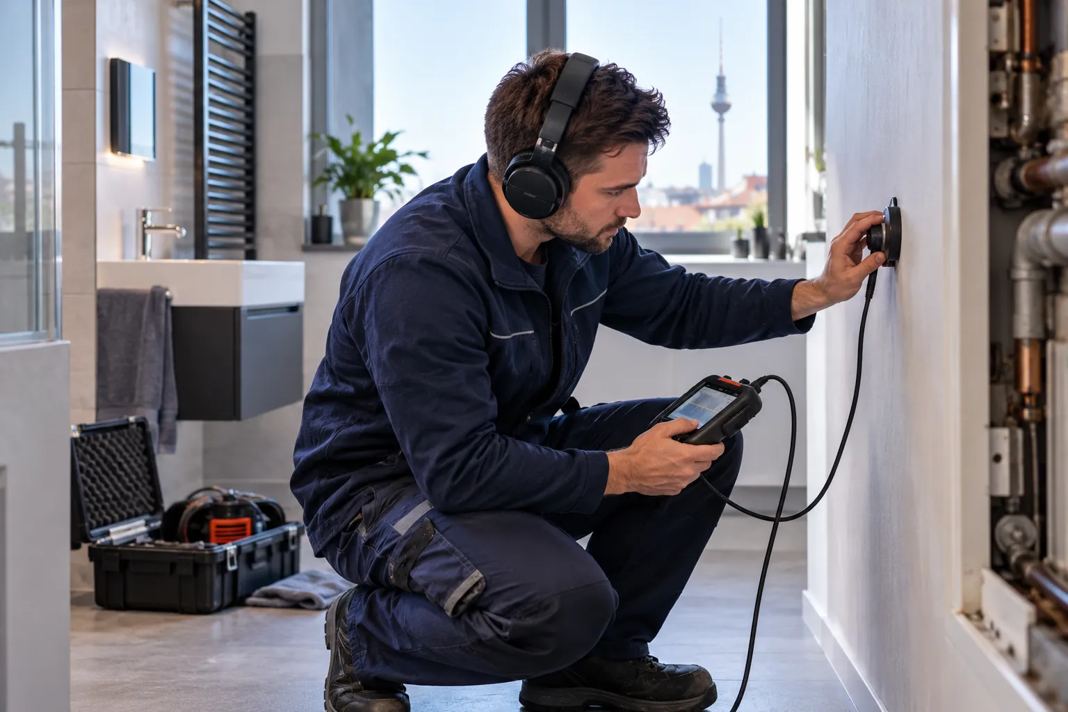Techniker mit Kopfhörer setzt ein akustisches Ortungsgerät an eine Badezimmerwand und liest die Messung auf einem Handgerät ab, rechts eine geöffnete Installationswand mit Leitungen