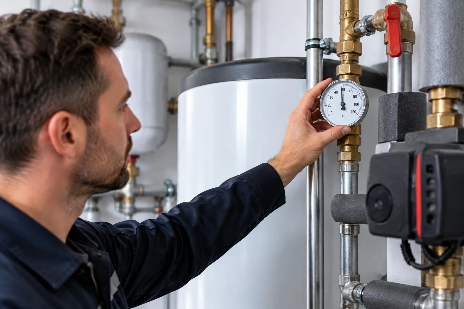 Techniker prüft ein Thermometer an der Leitung neben einem Trinkwasserspeicher im Technikraum