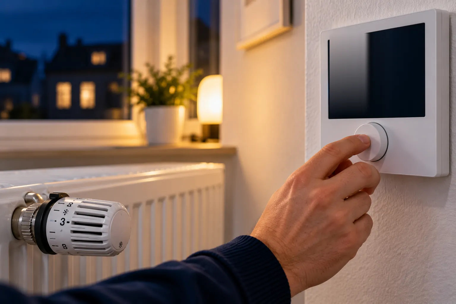 Hand bedient am Abend einen Drehknopf am Raumthermostat an der Wand, davor ein Heizkörper mit Thermostatkopf und ein Fenster mit Blick auf beleuchtete Häuser