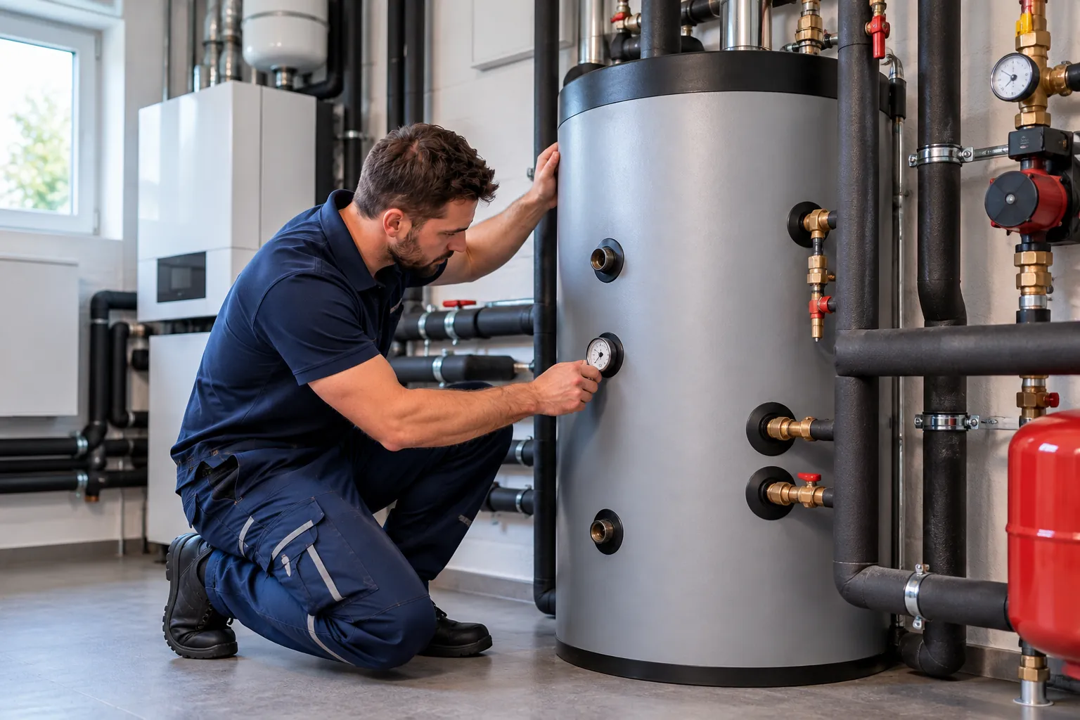 Techniker in dunkelblauer Arbeitskleidung kniet im Heizungsraum vor einem grauen, gedämmten Pufferspeicher und liest das Thermometer ab; daneben Umwälzpumpe, Rohrleitungen und ein rotes Ausdehnungsgefäß