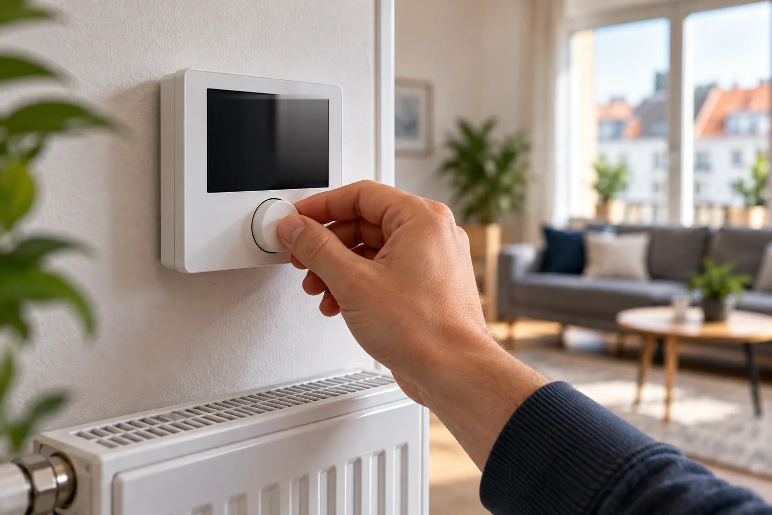 Hand stellt den Drehknopf eines weißen Raumthermostats an der Wohnzimmerwand ein, darunter ein Heizkörper