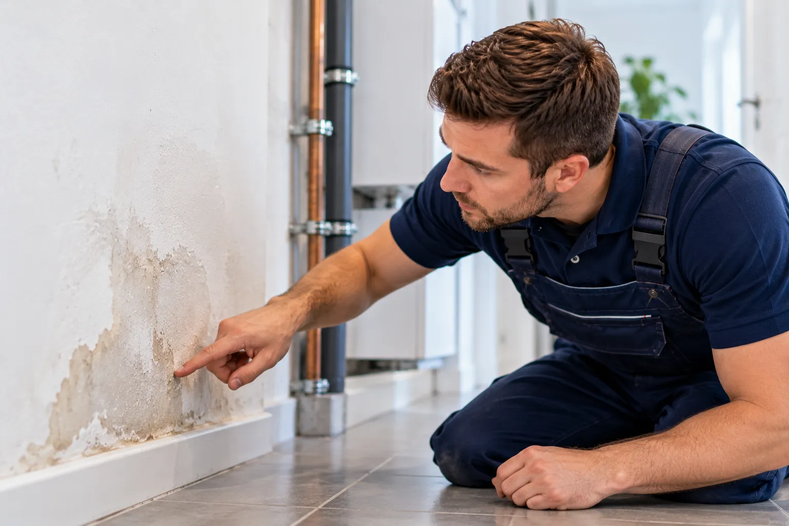 Techniker in dunkelblauer Arbeitskleidung kniet im Flur und zeigt auf einen feuchten Fleck mit abblätternder Farbe an der Wand neben den Rohrleitungen