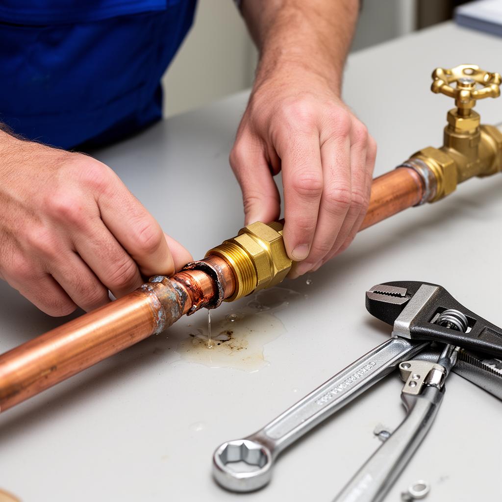 Monteur tauscht ein defektes Kupferrohrstück mit Pressfitting