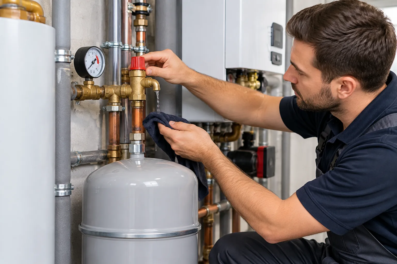 Aus dem Abgang eines Sicherheitsventils mit roter Kappe tropft Wasser, ein Techniker hält ein Tuch darunter; daneben Manometer und graues Ausdehnungsgefäß