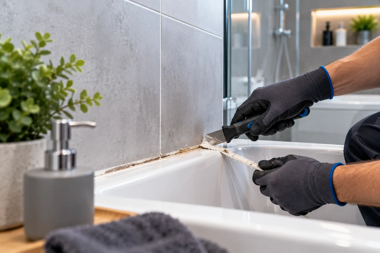 Behandschuhte Hände entfernen mit einem Fugenmesser eine alte, verfärbte Silikonfuge an der Kante zwischen Badewanne und Fliesen