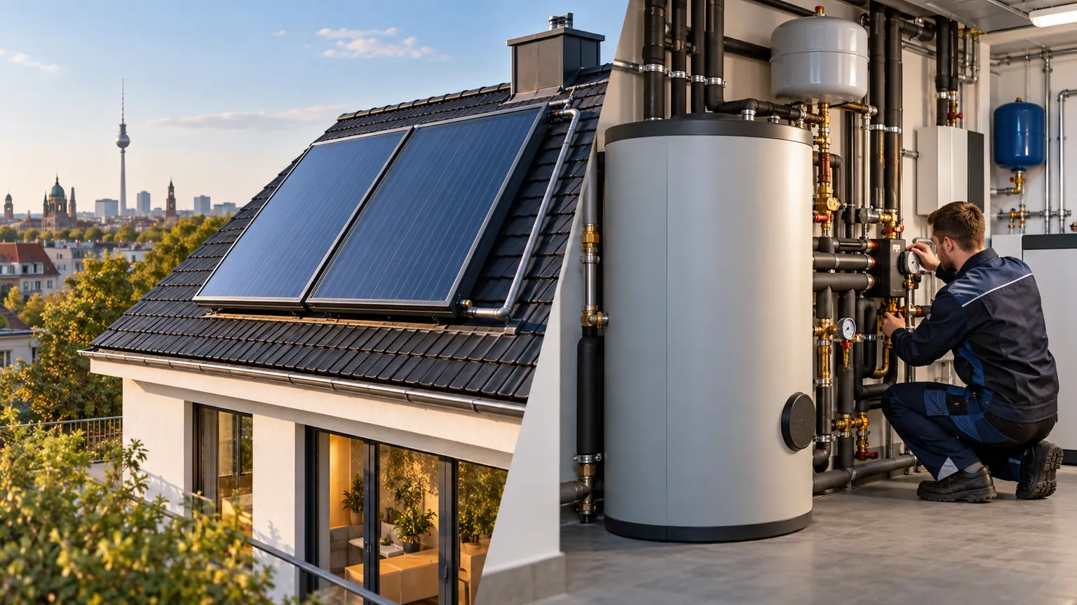 Zweigeteiltes Bild: Solarkollektoren auf dem Dach eines Berliner Hauses und ein Techniker in dunkelblauer Arbeitskleidung an der Solarstation neben dem Speicher im Heizungsraum