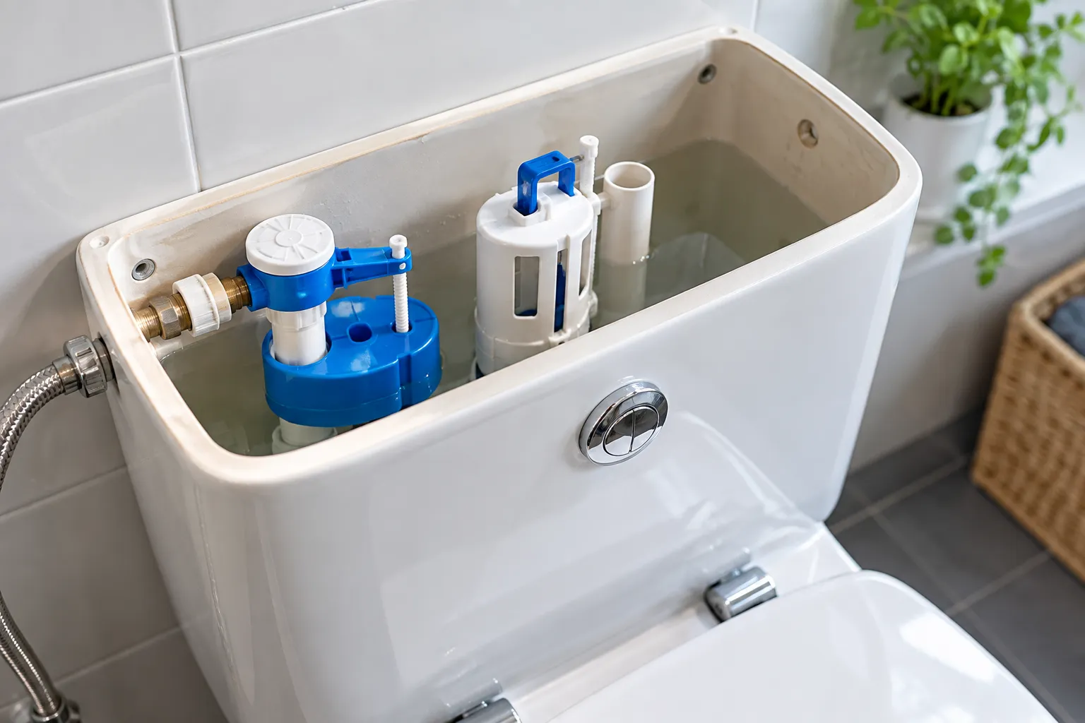 Geöffneter Keramik-Spülkasten mit blauem Füllventil und weißem Ablaufventil in einem hellen Bad