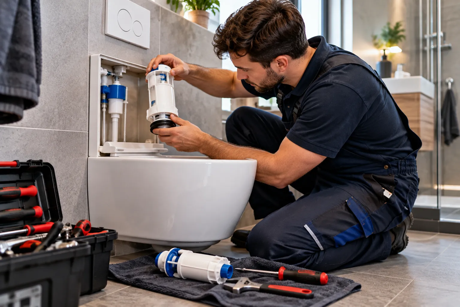 Techniker in dunkelblauer Arbeitskleidung setzt durch die geöffnete Revisionsöffnung über einem Wand-WC ein neues Ablaufventil in den Unterputz-Spülkasten ein, das ausgebaute Teil liegt auf einem Tuch am Boden