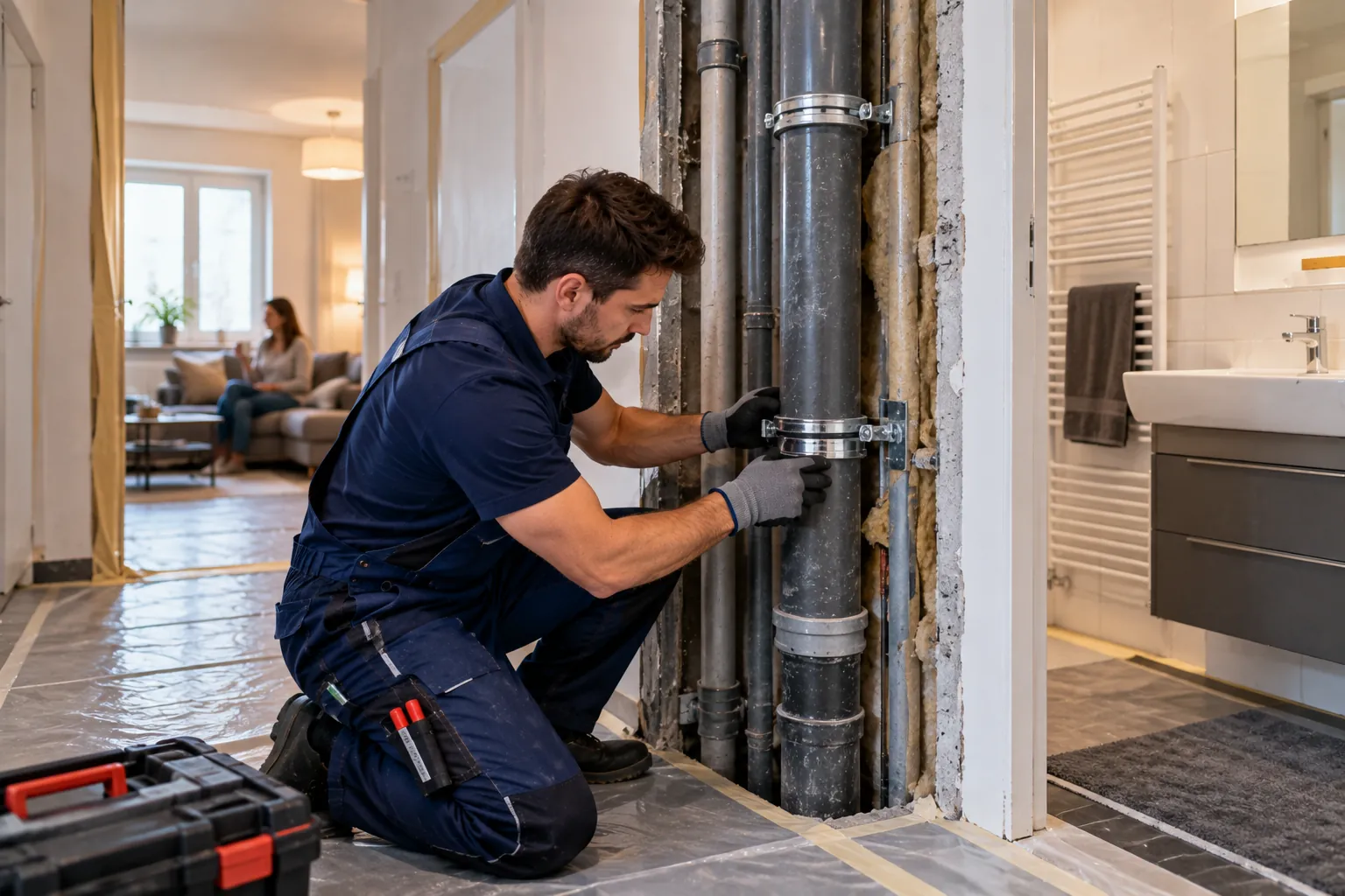 Installateur montiert neue Rohrschellen an frisch verlegten Steigleitungen in einem geöffneten Schacht neben dem Bad, im Hintergrund sitzt eine Bewohnerin im Wohnzimmer