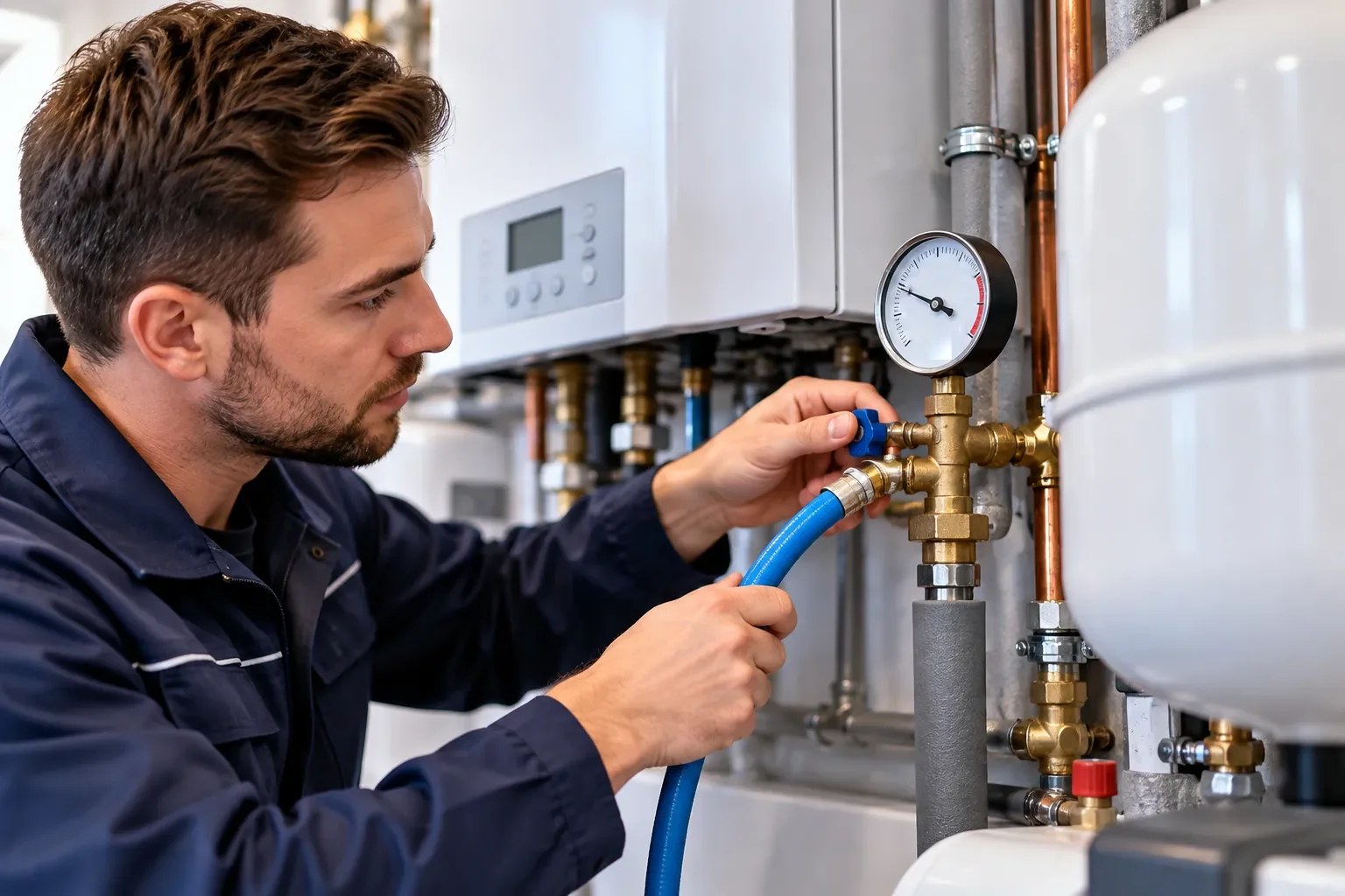 Techniker öffnet das Füllventil unter dem Manometer einer Heizungsanlage, an dem ein blauer Füllschlauch angeschlossen ist