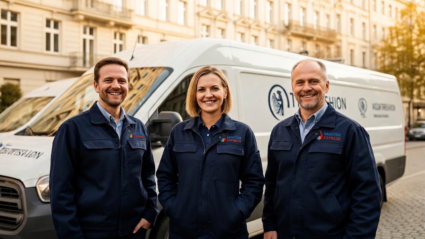 Team von Sanitär Express Berlin vor Servicefahrzeug in Berlin