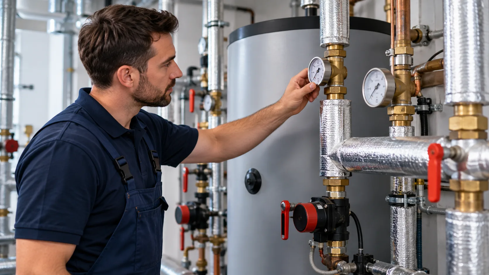 Sanitärtechniker prüft die Anzeige an einem Trinkwasserspeicher mit gedämmter Zirkulationsleitung und Pumpe im Technikraum
