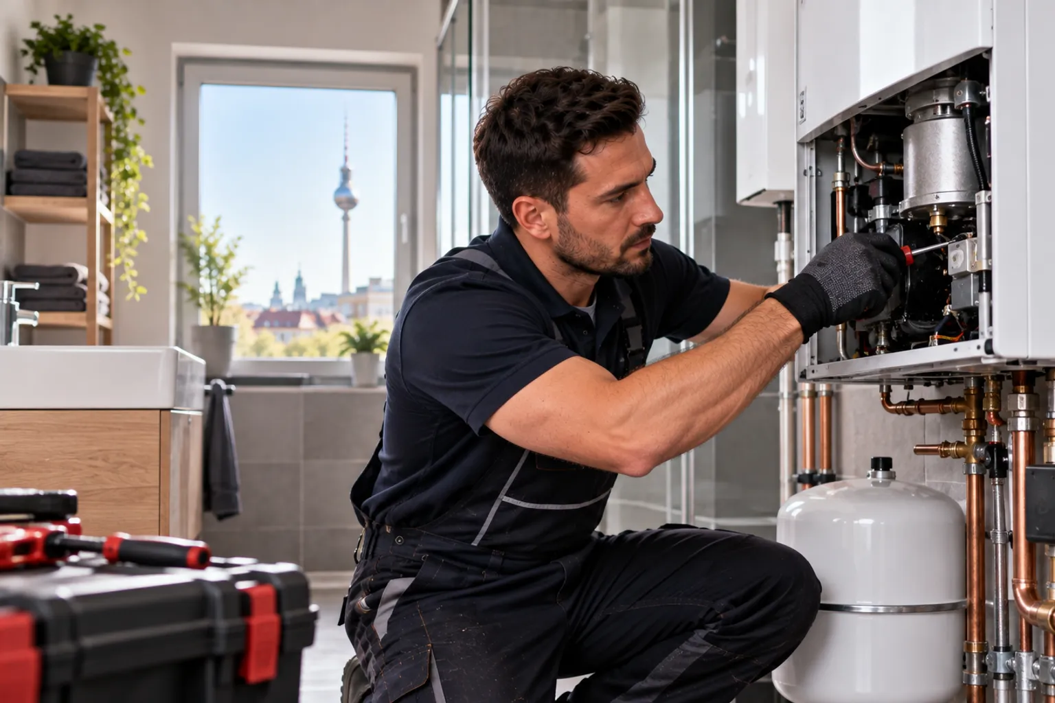 Techniker arbeitet an einer geöffneten Gastherme in einem hellen Raum mit Blick über Berlin