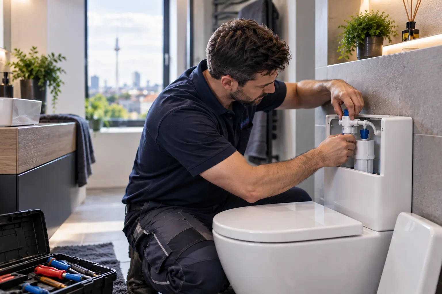 Installateur arbeitet hinter der geöffneten Revisionsöffnung eines Unterputz-Spülkastens an einem Wand-WC