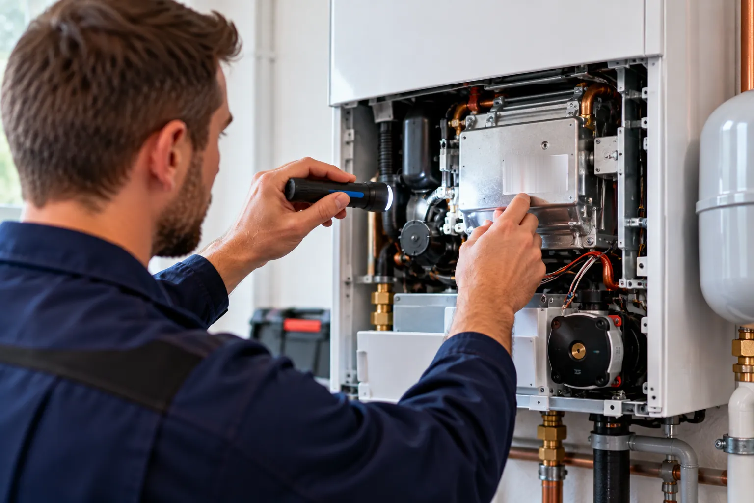 Techniker in dunkelblauer Arbeitskleidung leuchtet mit einer Taschenlampe in eine geöffnete Gas-Wandtherme und prüft die Bauteile hinter der Frontverkleidung