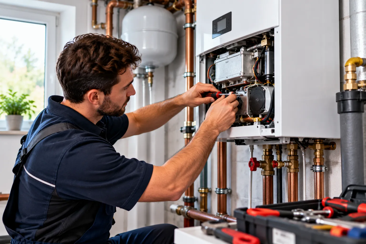 Techniker in dunkelblauer Arbeitskleidung arbeitet mit einem Schraubendreher an der geöffneten Brennerbaugruppe einer Gas-Wandtherme