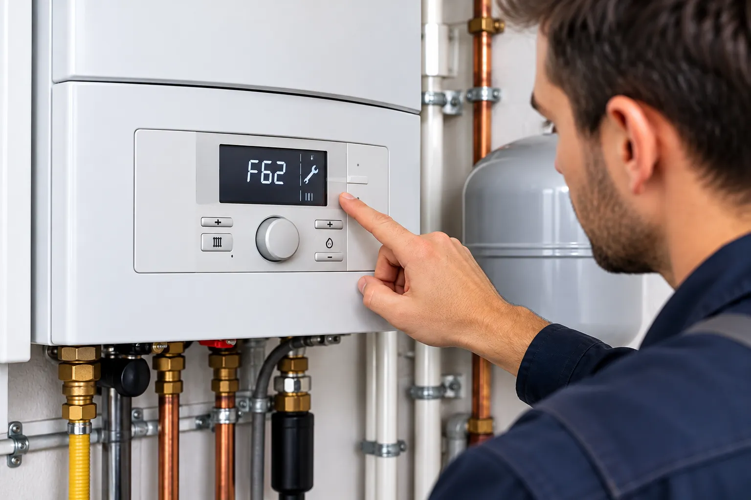 Techniker in dunkelblauer Arbeitskleidung zeigt auf das Display einer weißen Gas-Wandtherme, auf dem der Fehlercode F62 steht