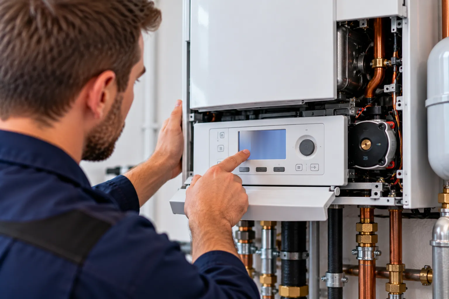 Techniker tippt auf das Bedienfeld einer geöffneten Gas-Wandtherme, daneben sind Heizungspumpe und Kupferleitungen zu sehen
