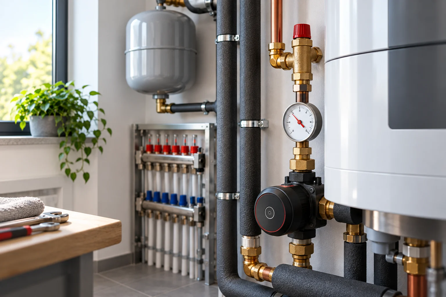 Heizungsverteiler mit Vorlauf- und Rücklaufleitungen, Umwälzpumpe und Thermometer in einem Technikraum