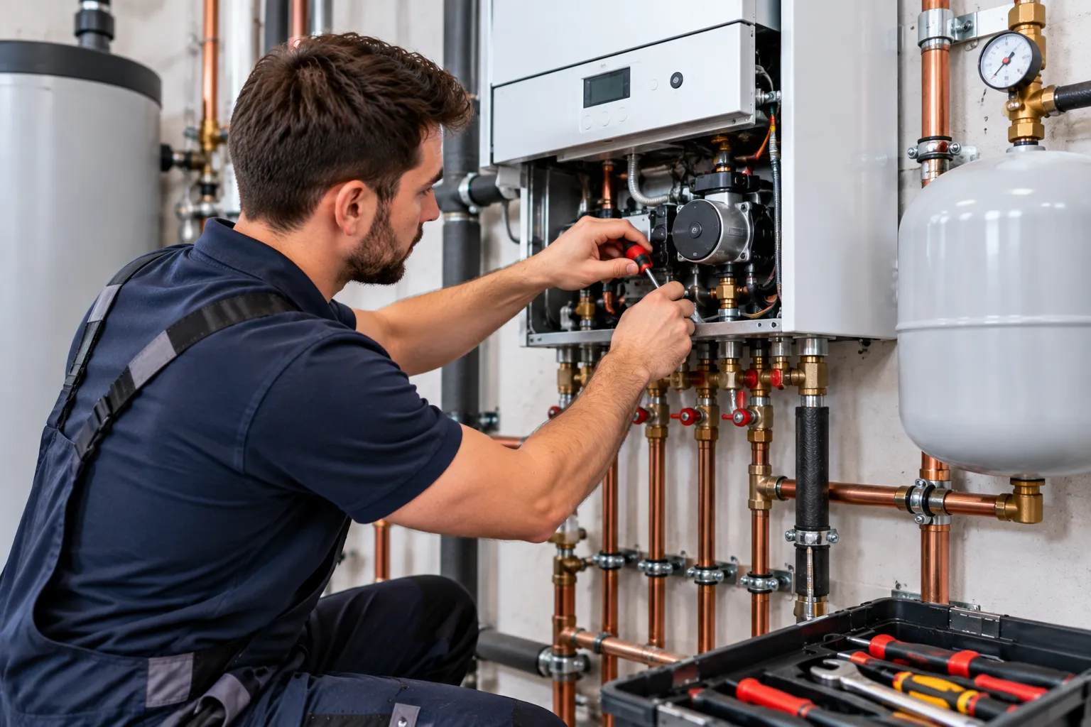 Techniker arbeitet an der geöffneten Inneneinheit einer Wärmepumpenanlage mit Speicher und Ausdehnungsgefäß im Technikraum