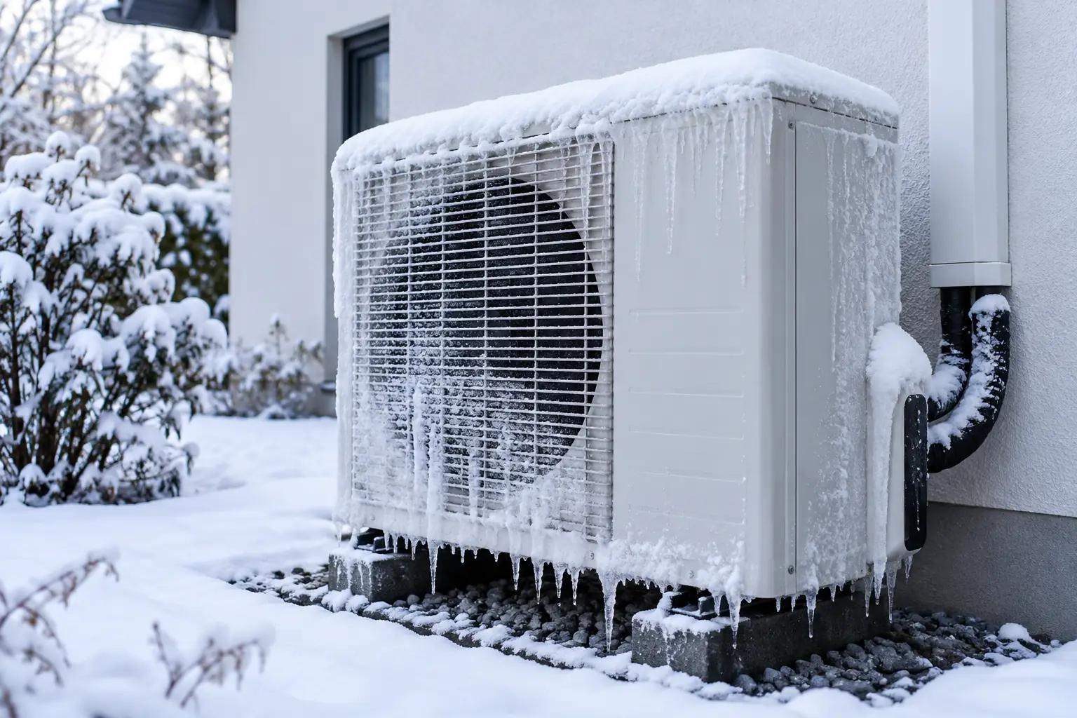 Außengerät einer Luft-Wasser-Wärmepumpe im Schnee vor einer hellen Hauswand, Lüftergitter und Lamellen mit Eis überzogen, Eiszapfen an der Unterkante und den Anschlussleitungen