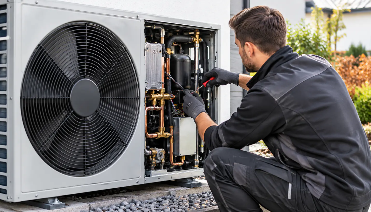 Techniker prüft bei geöffnetem Gehäuse die Technik in der Außeneinheit einer Wärmepumpe