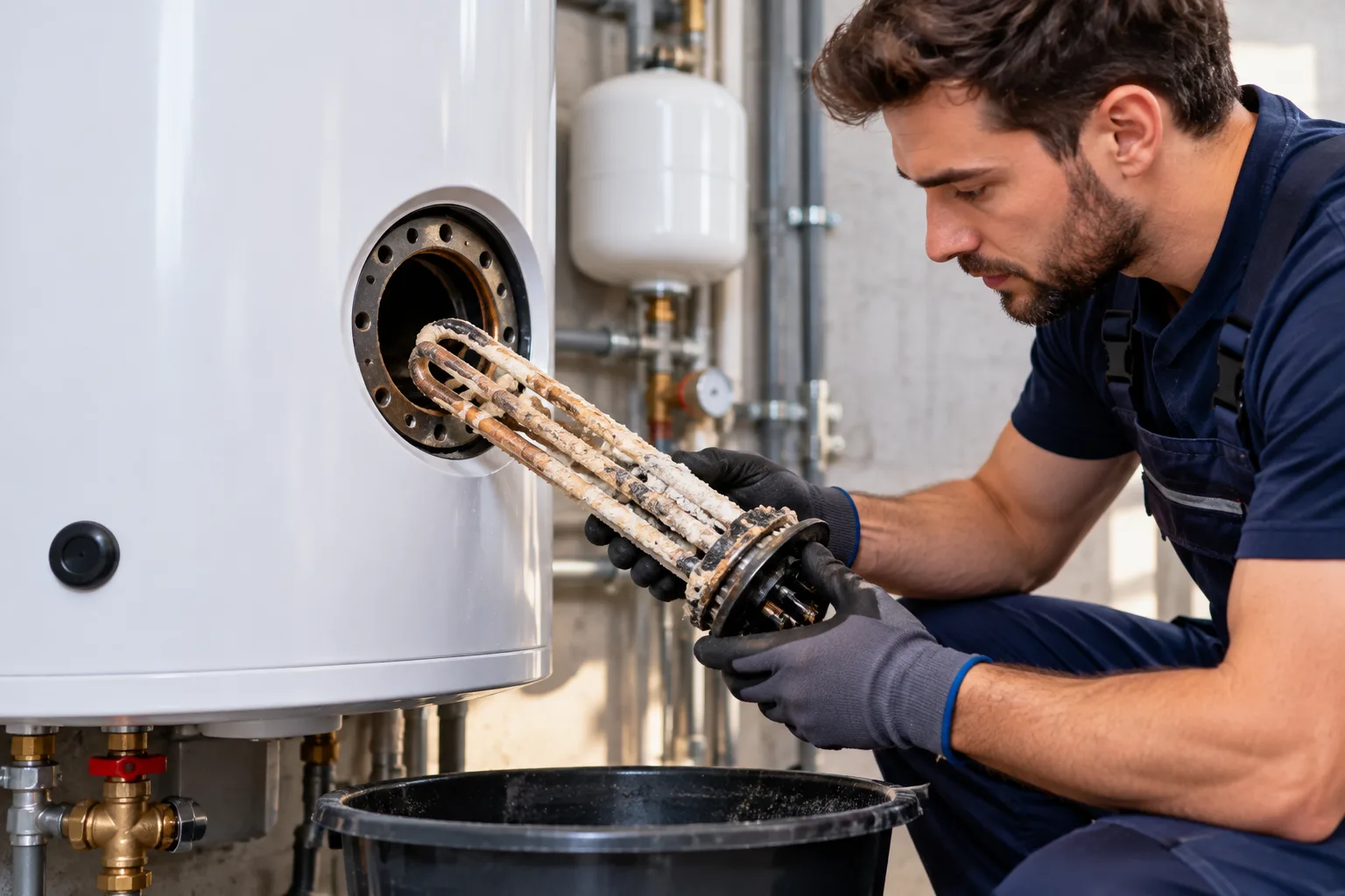 Techniker zieht einen stark verkalkten Heizstab aus dem geöffneten Flansch eines Warmwasserspeichers