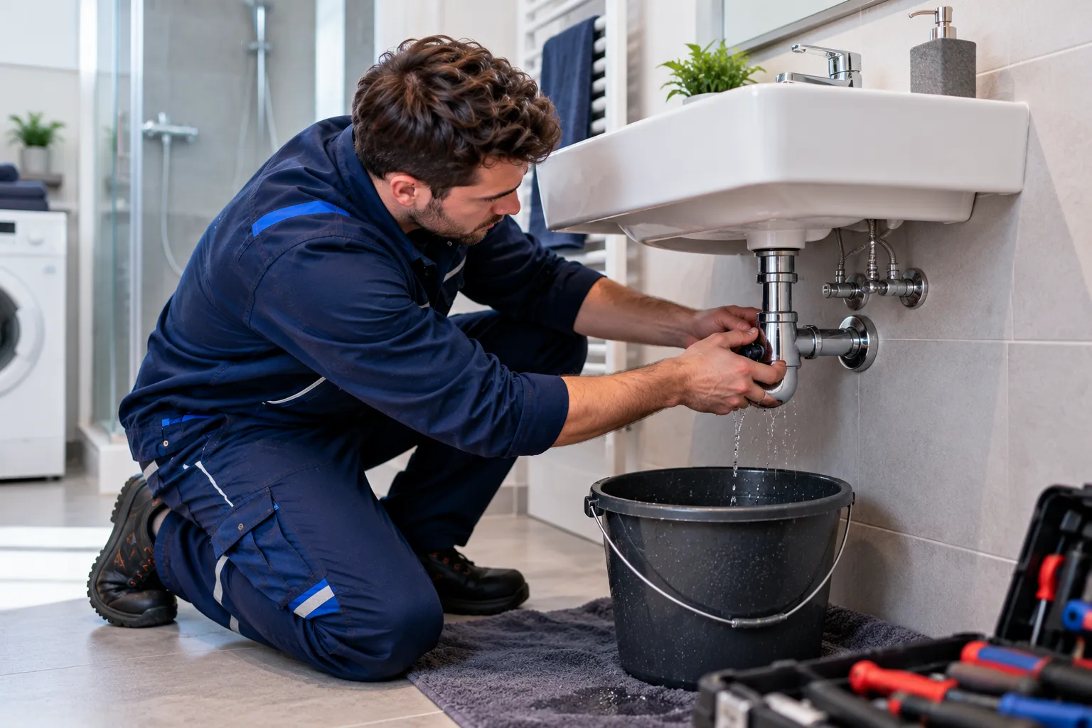 Techniker in dunkelblauer Arbeitskleidung kniet unter einem Waschbecken und hält den verchromten Siphon, aus dem Wasser in einen untergestellten Eimer tropft