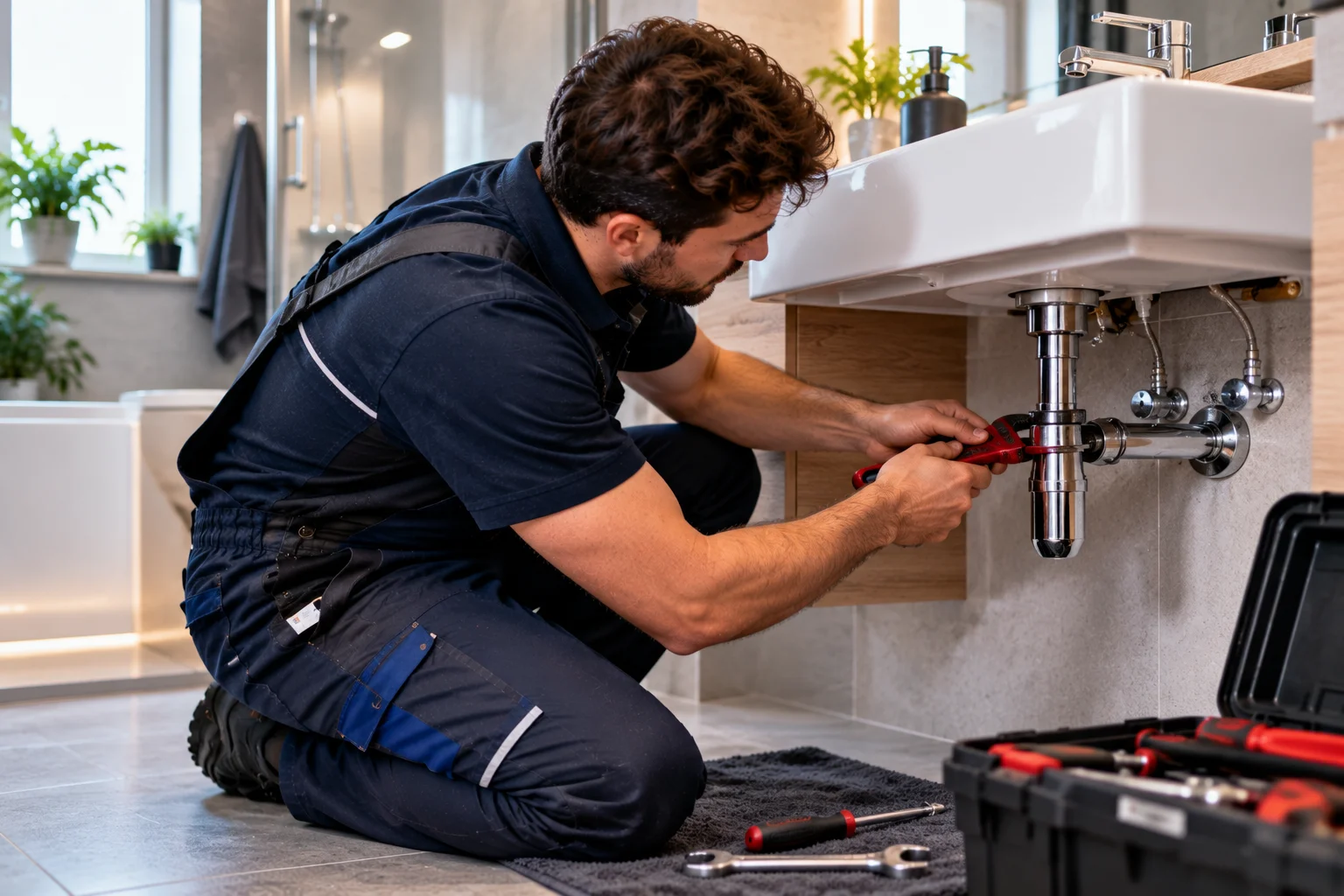 Techniker kniet unter einem Waschbecken und löst mit einer Rohrzange den verchromten Siphon
