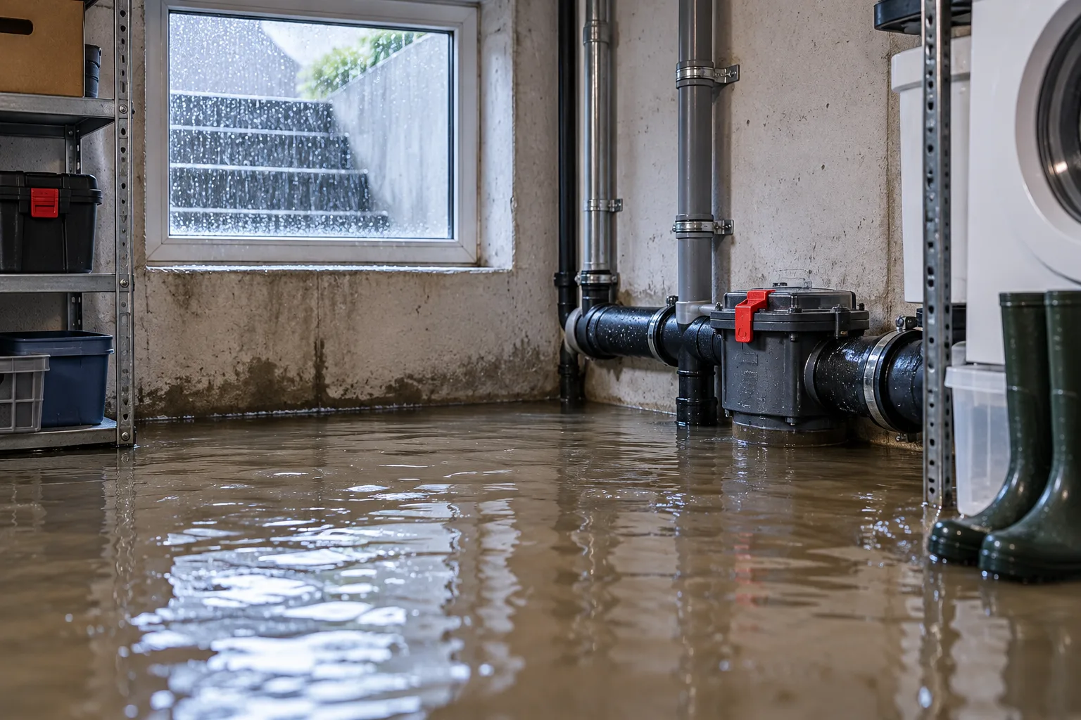 Überfluteter Kellerraum mit trübem Wasser, Regen am Kellerfenster und einem Bauteil in der Abwasserleitung an der Wand