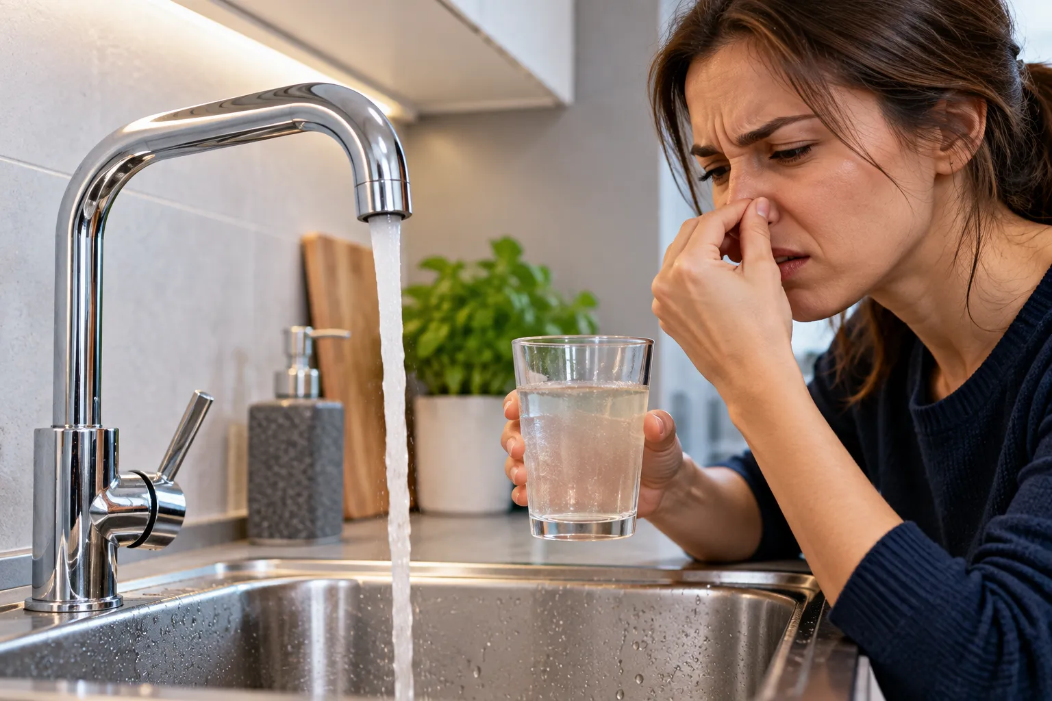 Frau hält sich an der Küchenspüle die Nase zu und hält ein Glas Leitungswasser, während Wasser aus dem verchromten Hahn läuft