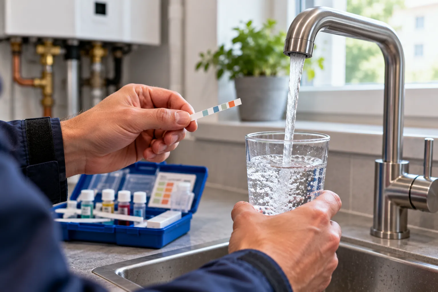 Hand hält einen Teststreifen zur Wasserhärte neben ein Glas Leitungswasser unter einem Küchenhahn, daneben ein geöffnetes Testset