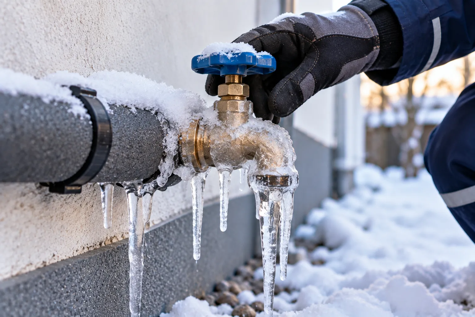 Vereister Außenwasserhahn mit Eiszapfen an einer gedämmten Leitung, eine Hand im Arbeitshandschuh greift an das blaue Handrad, im Hintergrund Schnee