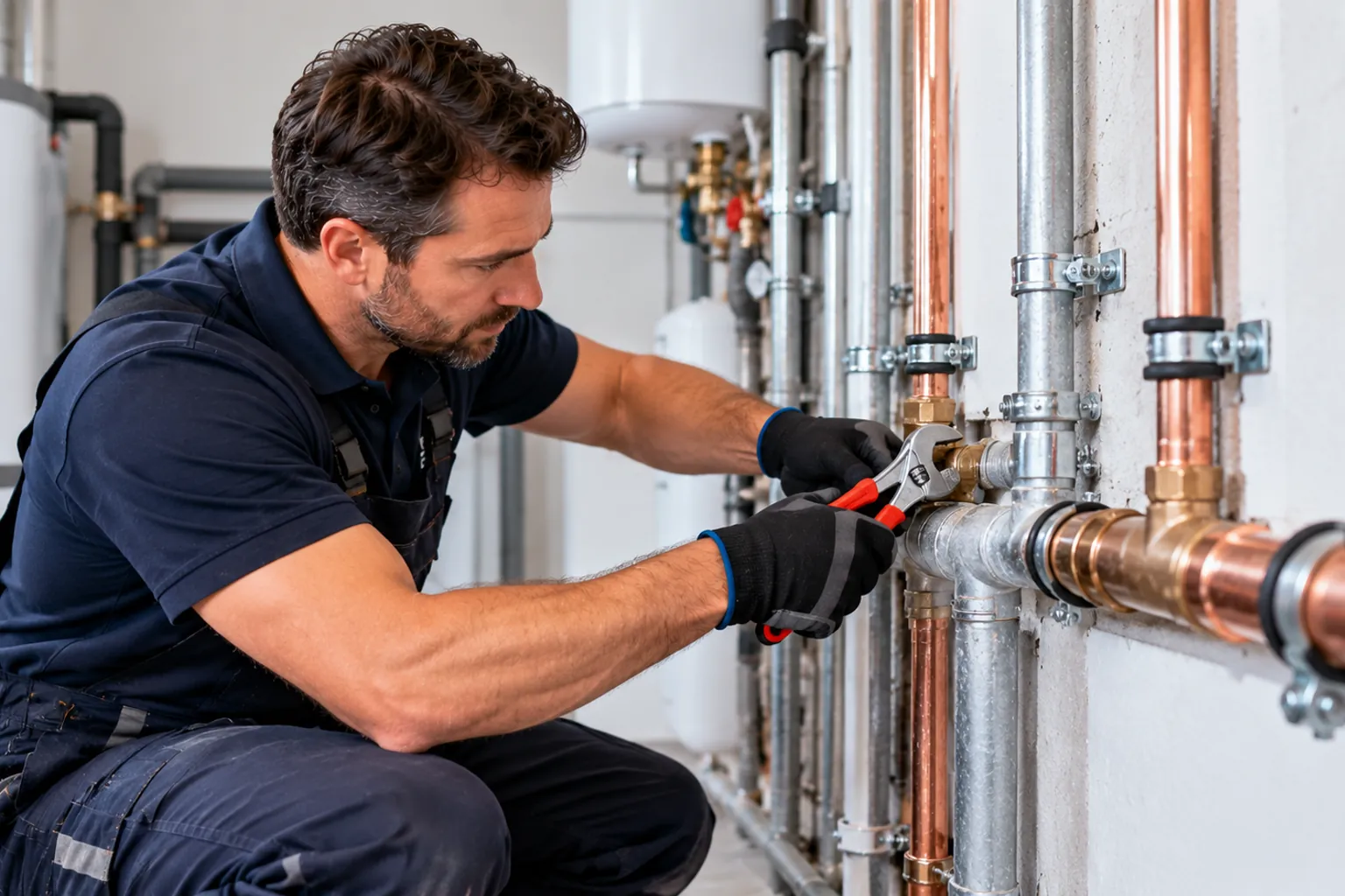 Installateur in dunkelblauer Arbeitskleidung verschraubt mit einer Rohrzange neue Kupfer- und Stahlleitungen an einer Trinkwasserinstallation