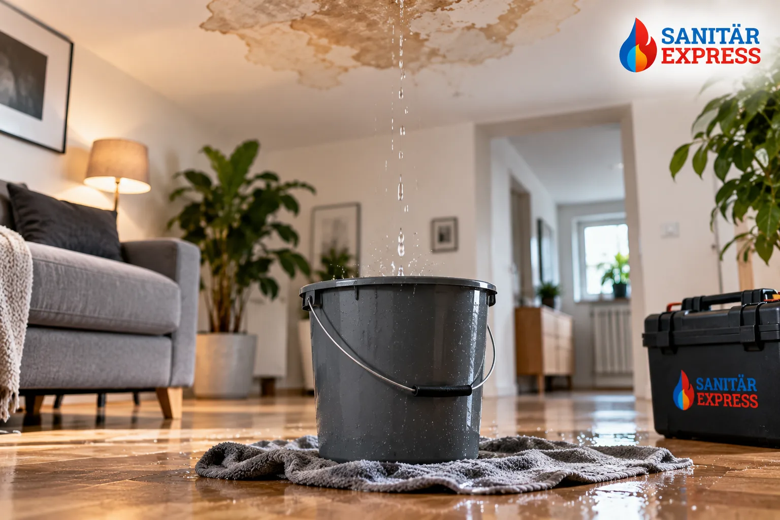 Wasserpfütze auf einem Holzboden vor einer durchfeuchteten Wand in einer Wohnung