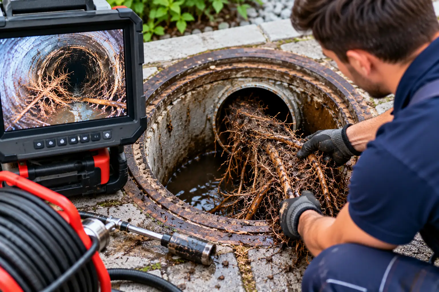 Monteur zieht ein dichtes Wurzelgeflecht aus einem geöffneten Abwasserschacht, daneben zeigt der Monitor einer Kanalkamera eingewachsene Wurzeln im Rohr