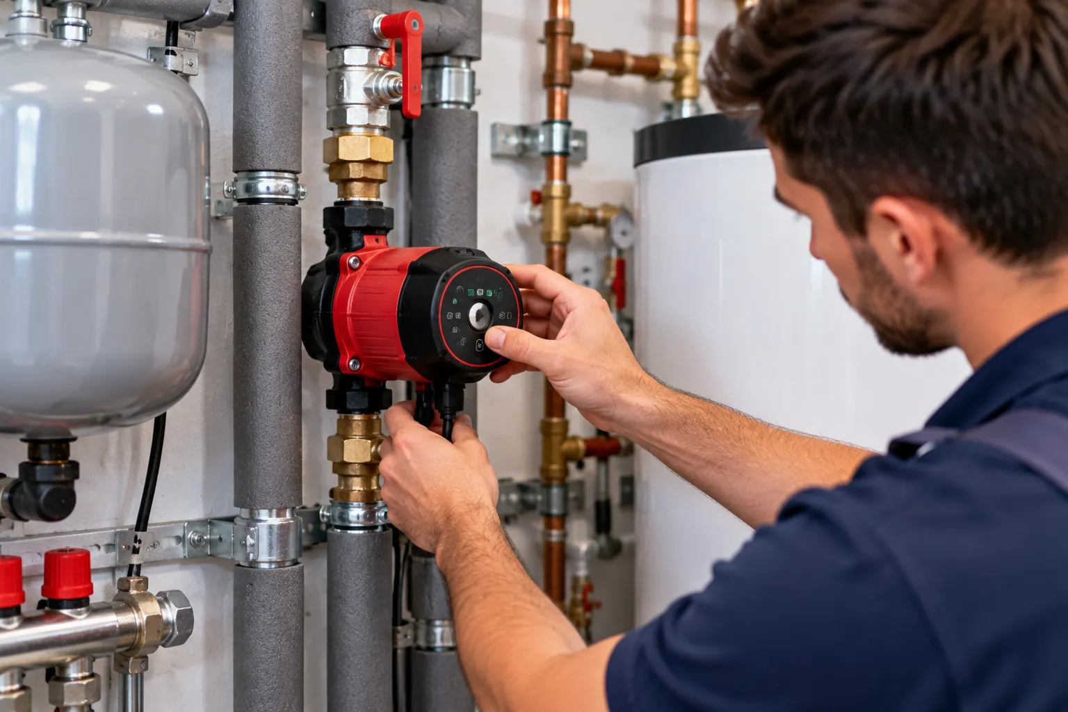 Techniker in dunkelblauer Arbeitskleidung arbeitet an einer rot-schwarzen Zirkulationspumpe in einer gedämmten Warmwasserleitung, daneben Warmwasserspeicher und Ausdehnungsgefäß